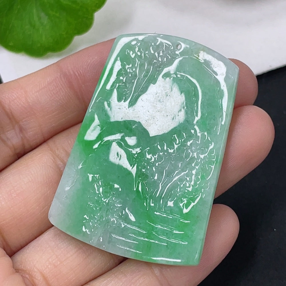 Jadeite pendant featuring a landscape plaque with intricate carvings, weighing approximately 16.93g, crafted by HUILIU HQ.