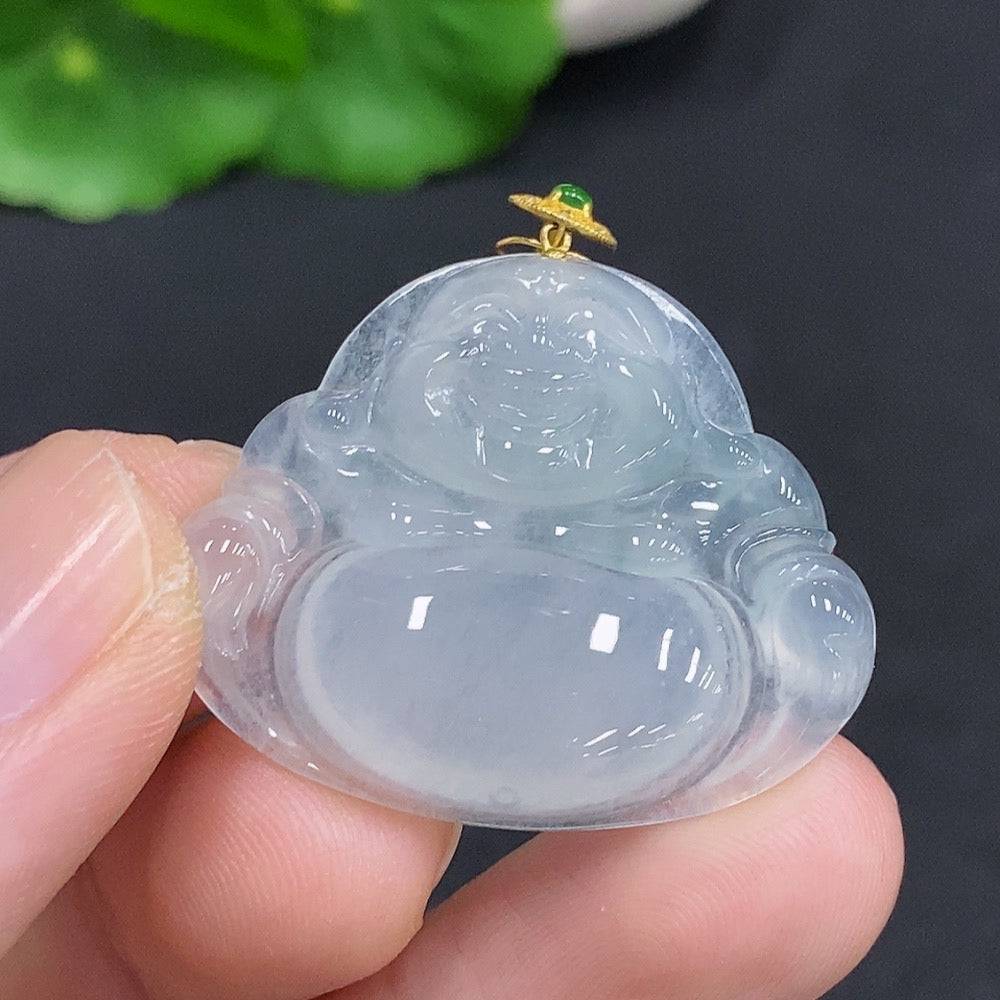 Jadeite Buddha pendant with 18k gold clasp, carved jade charm weighing about 6g, featuring detailed Buddha design.