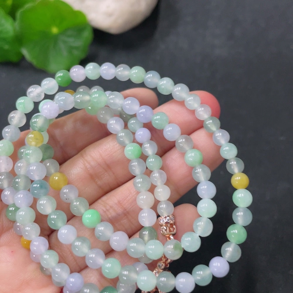 HUILIU HQ jadeite bead necklace with 5mm jade beads, approximately 26.6g, showcasing smooth, polished jade jewelry.