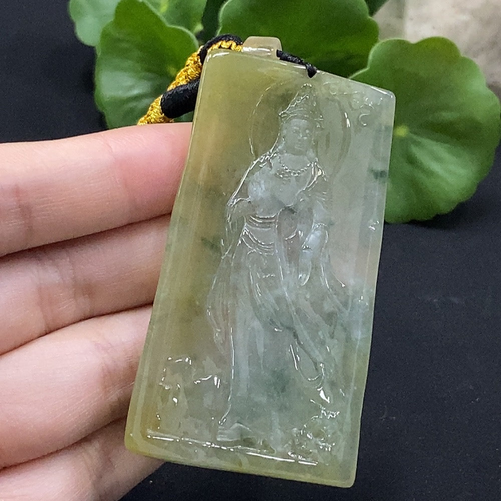 Jadeite Guanyin pendant from HUILIU HQ featuring intricate carving, weighing approximately 38g, displayed against a neutral background.