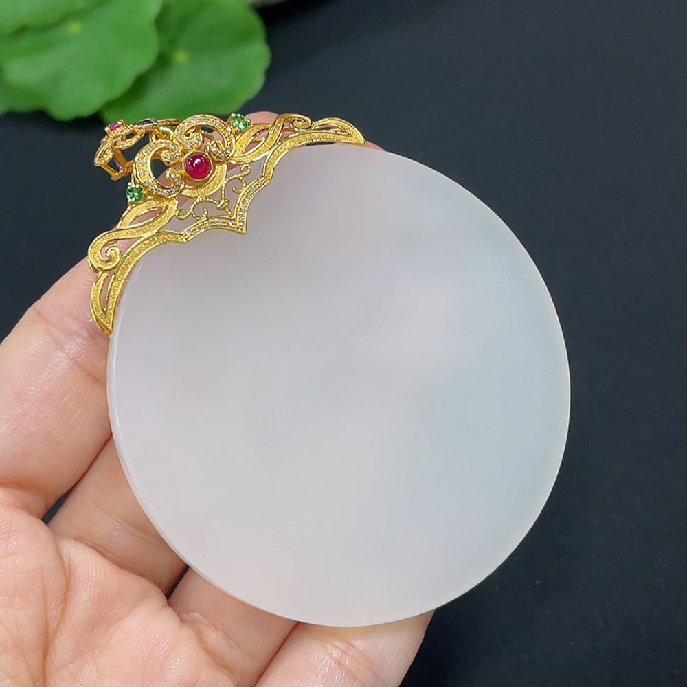 Hetian Jade Inlaid Plain Pendant 18k Gold Set with Colorless Diamonds
