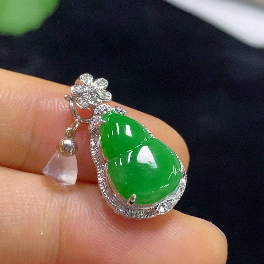 Jadeite gourd pendant inlaid with diamond, 18k gold, from HUILIU HQ, showcasing detailed craftsmanship and vibrant jade color.