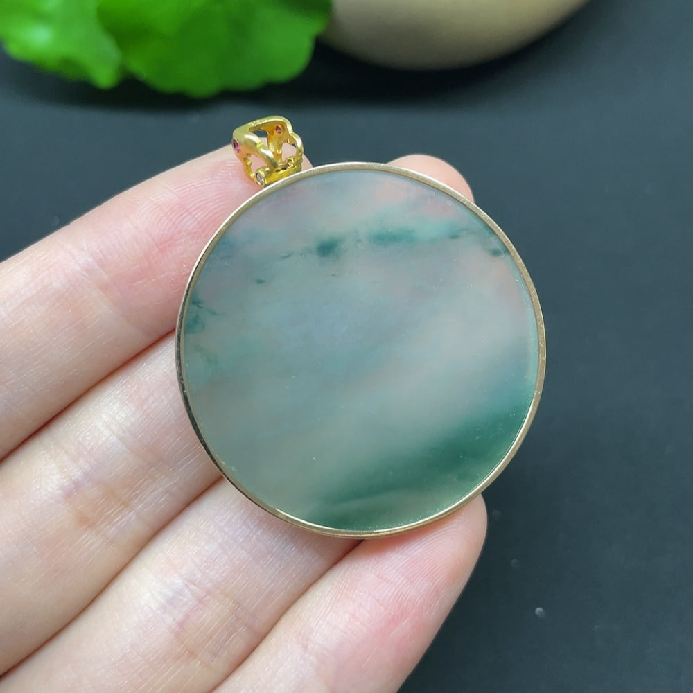 Jadeite round pendant necklace with 18K gold setting and diamond accents, showcasing elegant jewelry craftsmanship.