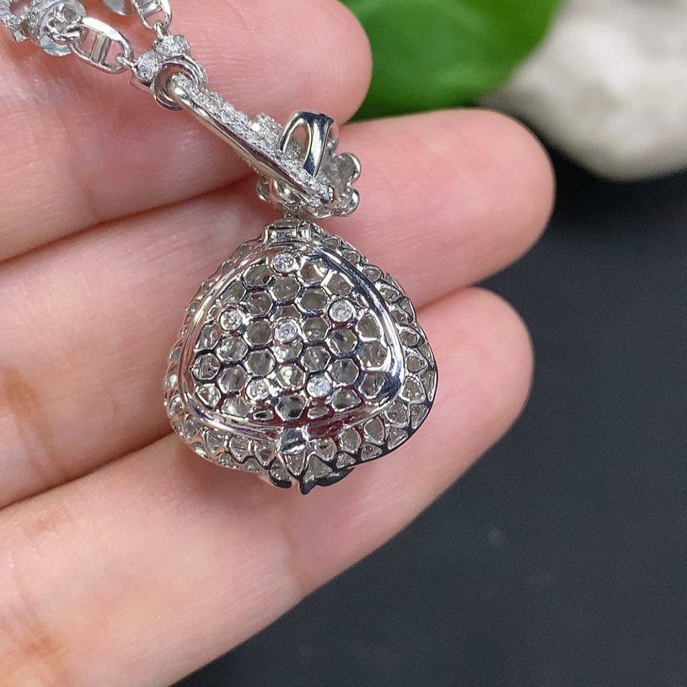 HUILIU HQ jadeite Buddha pendant with 18K gold mount, diamond accents, displayed with chain, weighing approximately 12.3g.