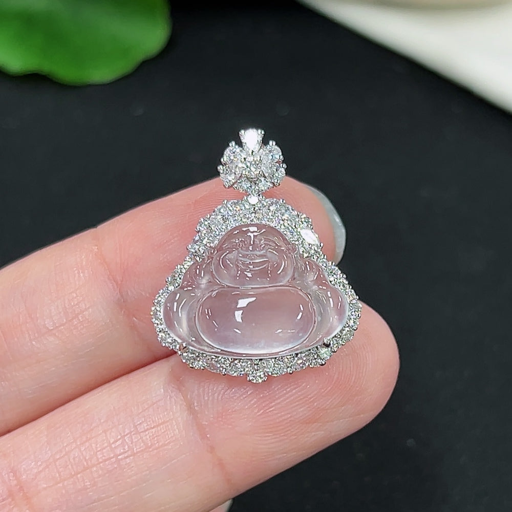 Jadeite Buddha pendant necklace with 18k non-diamond setting, HKHQ jewelry, showcasing a detailed Buddha charm on a chain.
