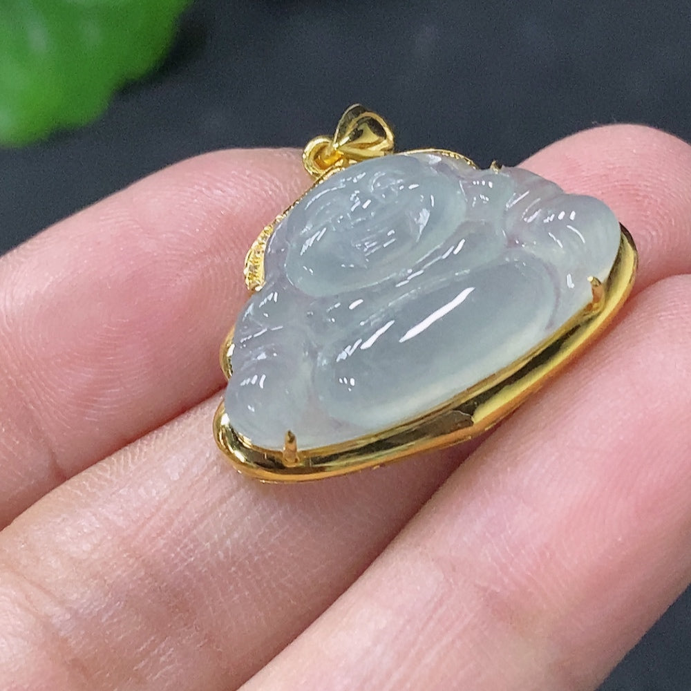 Jadeite Buddha Pendant with 18K Gold and Diamond Accents, Total Weight Approx. 2.8g