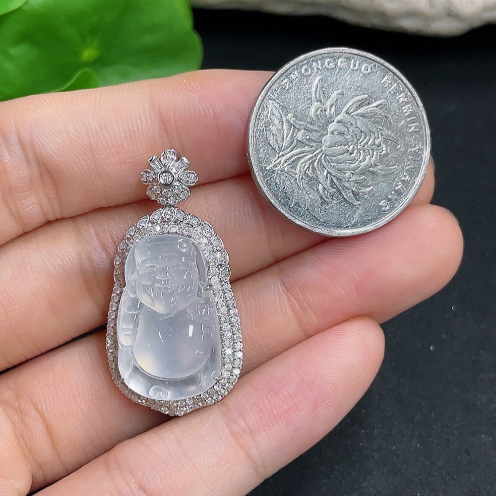 Jadeite Pendant God of Wealth 18k with Diamond Inlay