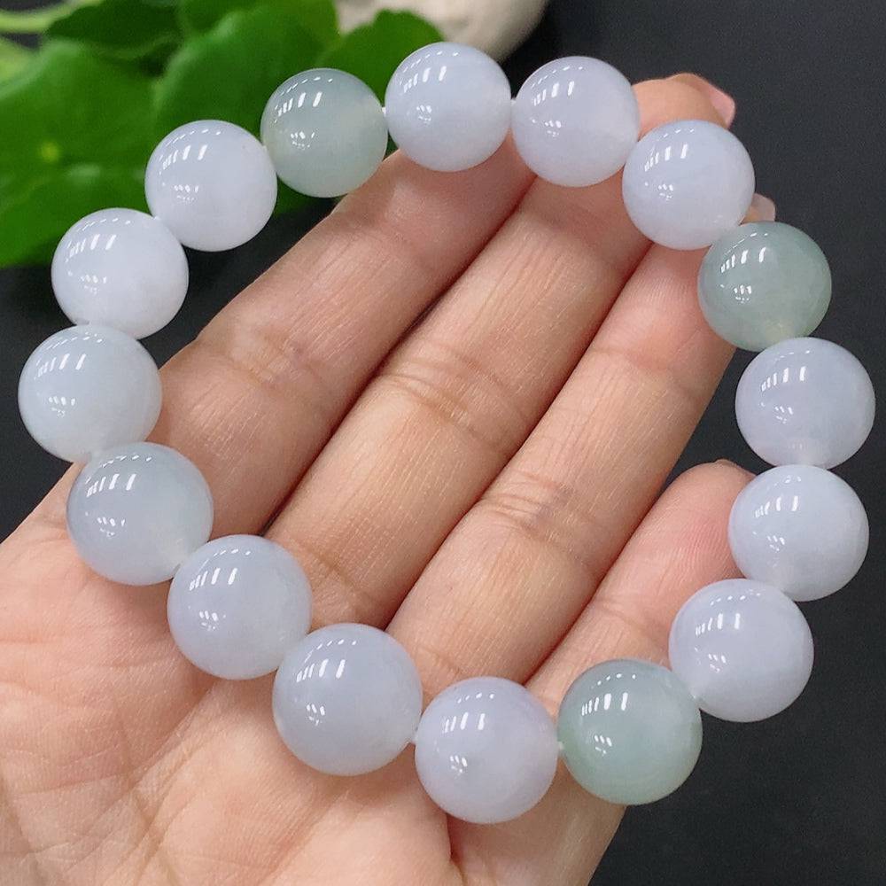 Huiliu Jadeite bracelet, 12.3mm round jade beads, natural green color, handcrafted jewelry by HUILIU HQ.