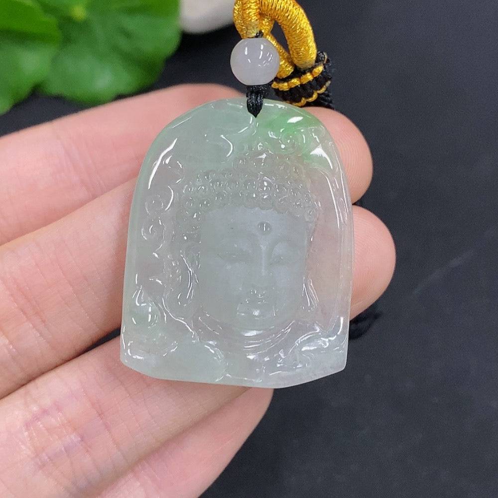 Jadeite Buddha amulet pendant with rope, weighing approximately 14.1g, crafted by HUILIU HQ, featuring detailed Buddha carving.
