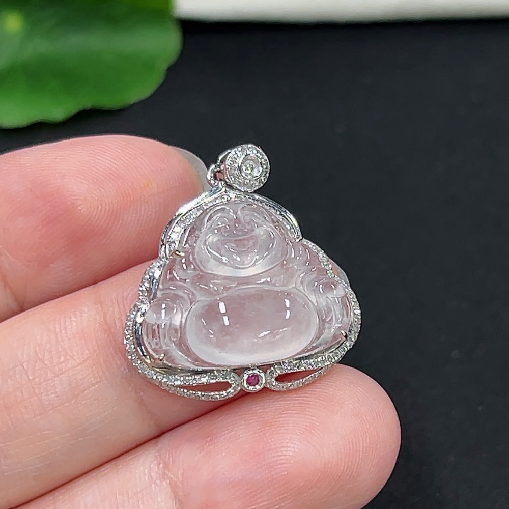 Jadeite Buddha Pendant Set in 18K Gold with Diamond Accents, Total Weight Approx. 3.3g
