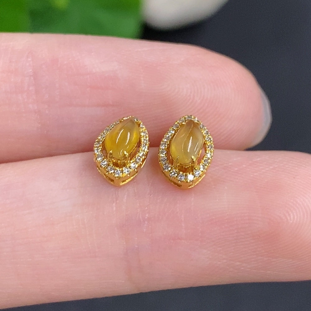 Jadeite Cabochon Stud Earrings 18k Gold Total Weight Approx. 1g Accented with Diamonds