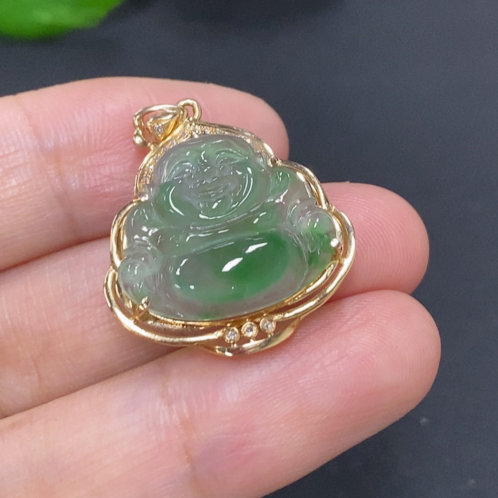 Jadeite Buddha Pendant with 18K Gold Setting, Total Weight Approx. 2.7g (with Diamond Accents)