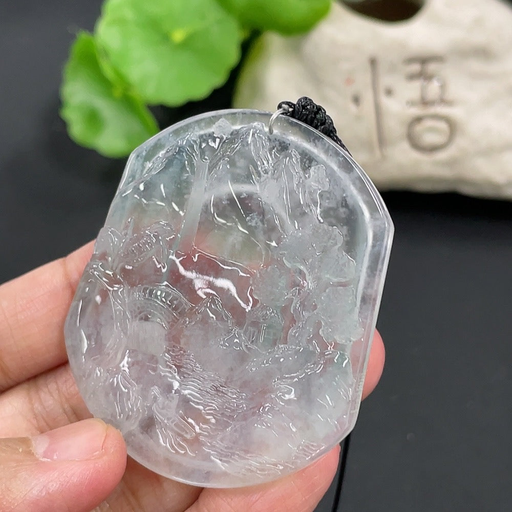 Jadeite pendant with landscape plaque design, weighing 23.84g including rope, crafted by HUILIU HQ, featuring detailed green jade artwork.