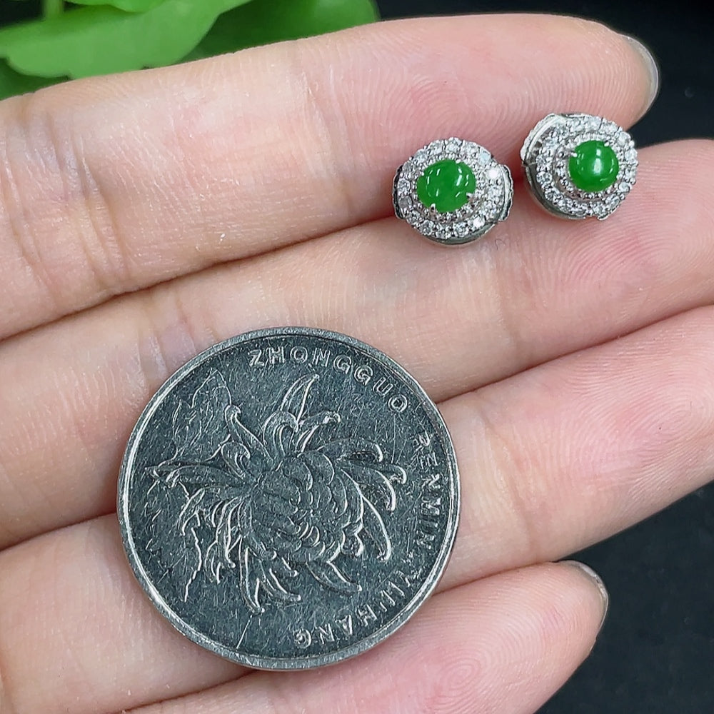 HKHQ jadeite earrings with diamond accents, 18k gold, non-gold ear stoppers, lightweight 2.32g, elegant jewelry design.