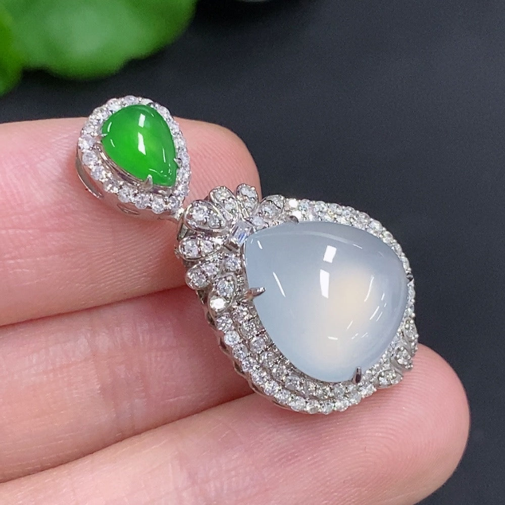 Jadeite water drop pendant necklace with 18K gold and diamond accents, featuring a smooth, polished jadeite gemstone.