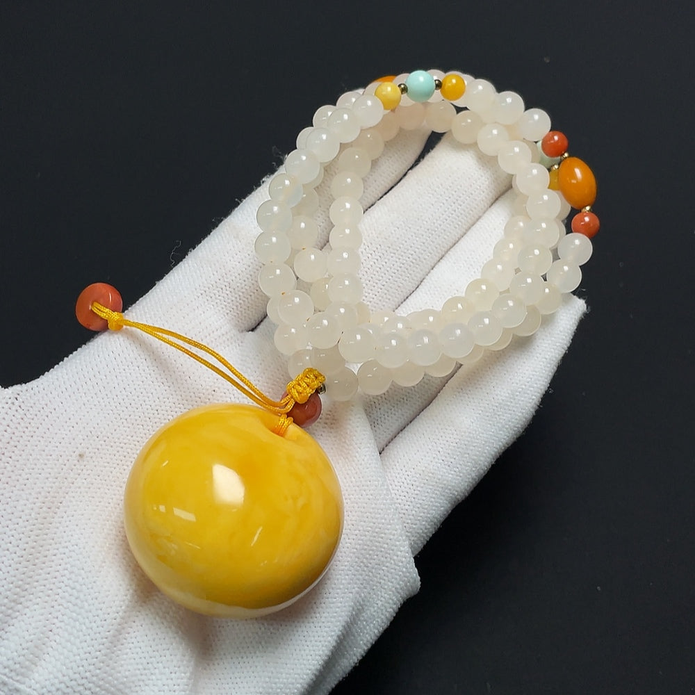 Amber Beeswax Pendant with Hetian Jade, Turquoise, and Southern Red Agate, Containing Other Mineral Components, Non-Gold