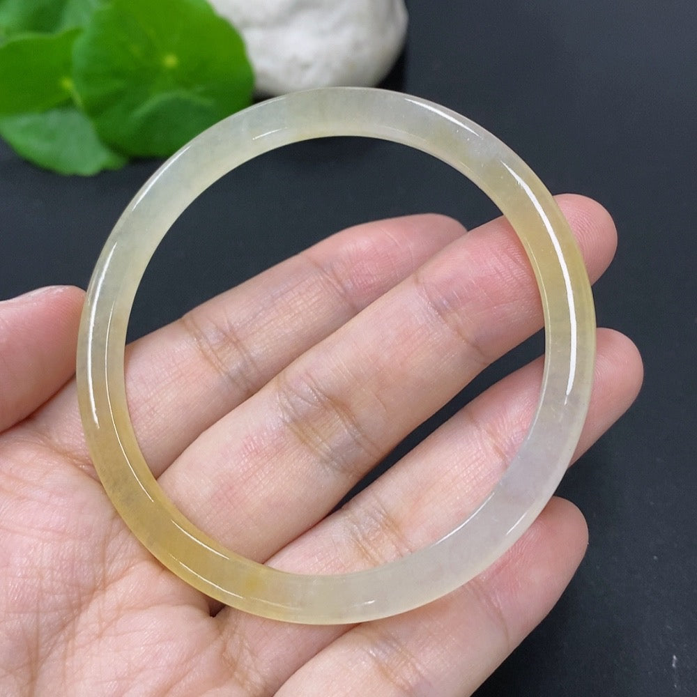 HKHQ Jadeite round bracelet, 15.3g, size 57.5, greenish hue, smooth polished jade jewelry, natural stone design