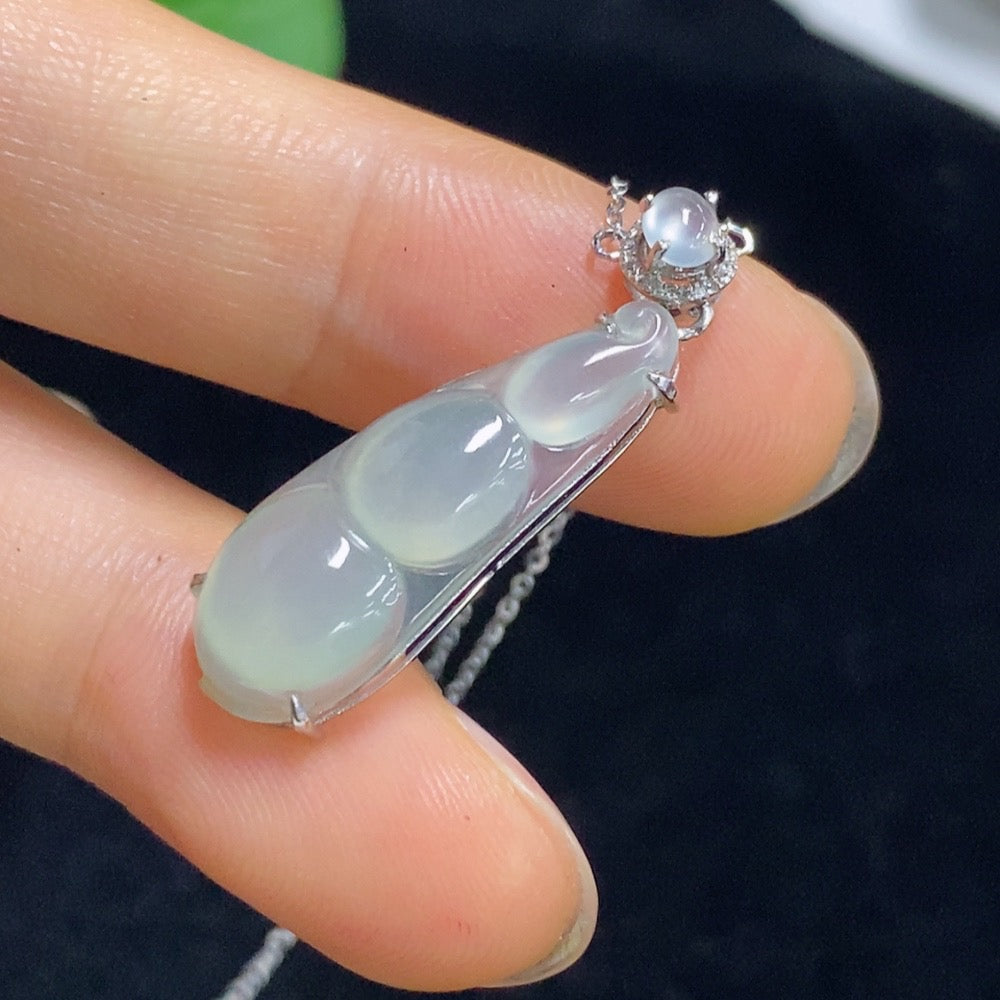 Jadeite Auspicious Bean Pendant with 18K Gold and Diamond Accents, Total Weight Approx. 2.78g (Including Chain)