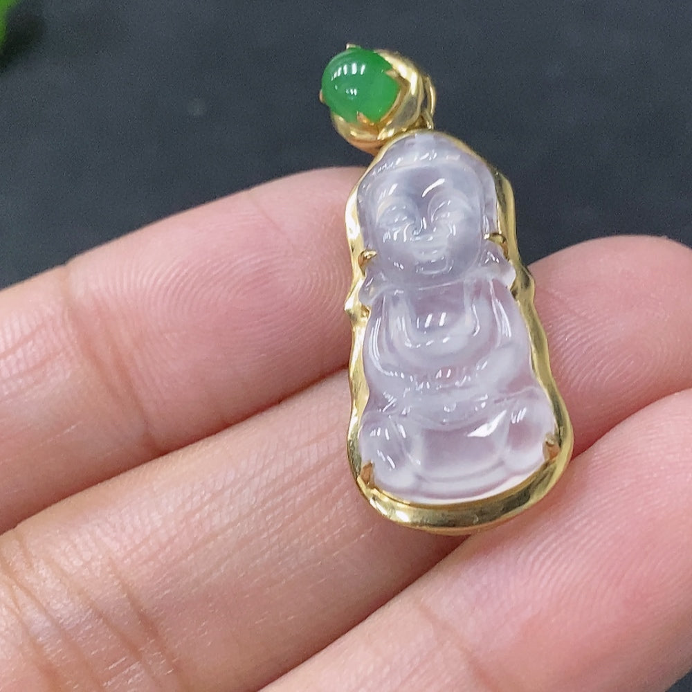 Jadeite Baby Buddha Pendant with 18k Gold Setting, Total Weight Approximately 2.37g