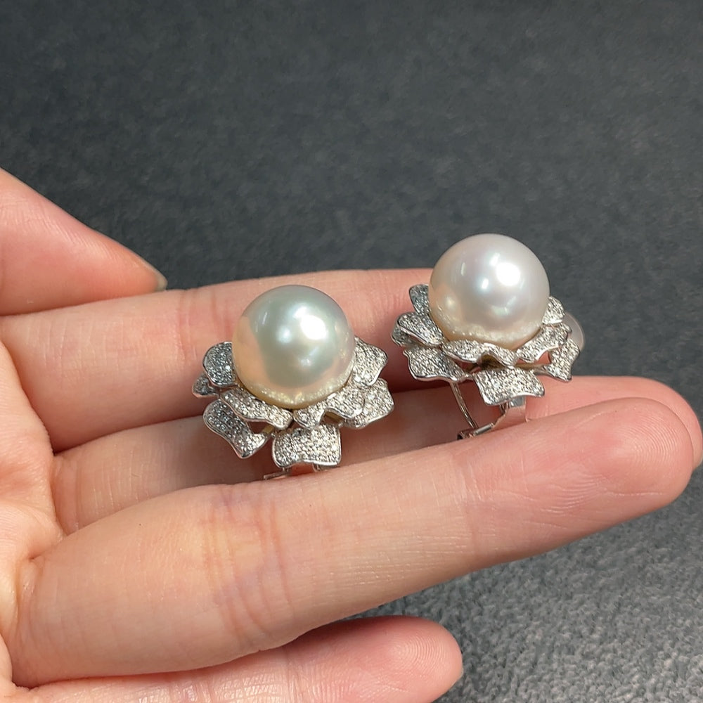 18K Seawater Pearl Earrings with Diamond Accents, Total Weight Approximately 14.04g, Pearl Size About 12.6mm