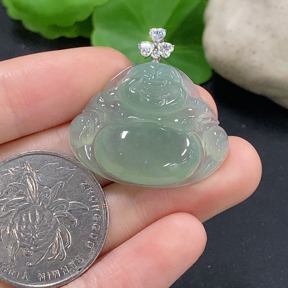 Jadeite Buddha pendant necklace with 18K gold setting, featuring a polished jadeite Buddha figure, elegant and handcrafted jewelry.