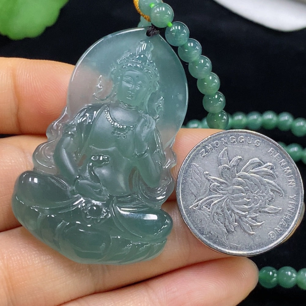 Jadeite Guanyin pendant with chain, crafted from jade, weighing approximately 38.18g, featuring detailed religious iconography.