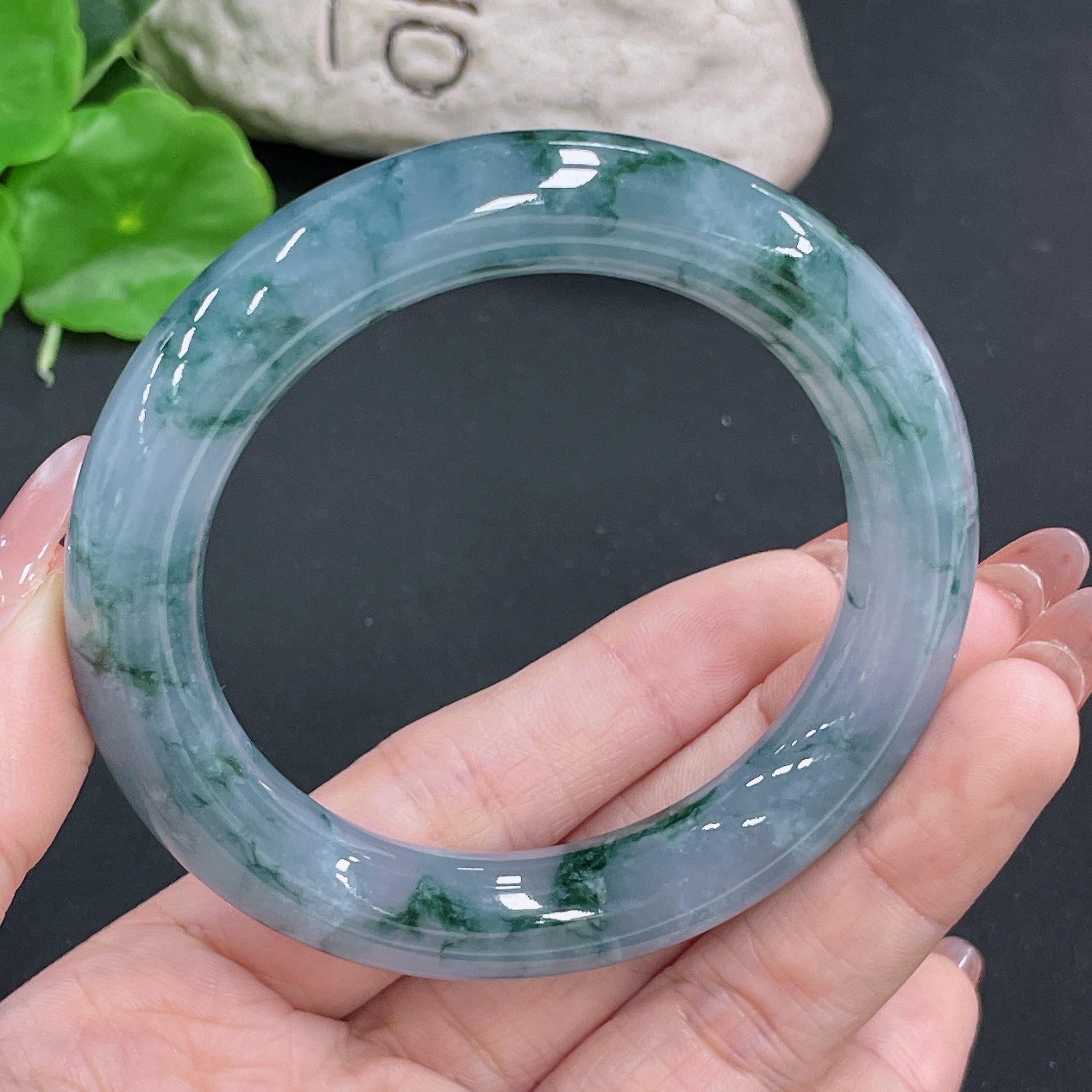 HUILIU HQ jadeite round bangle, 74.57g, size 56.3, showcasing smooth, polished green jadeite with a glossy finish.