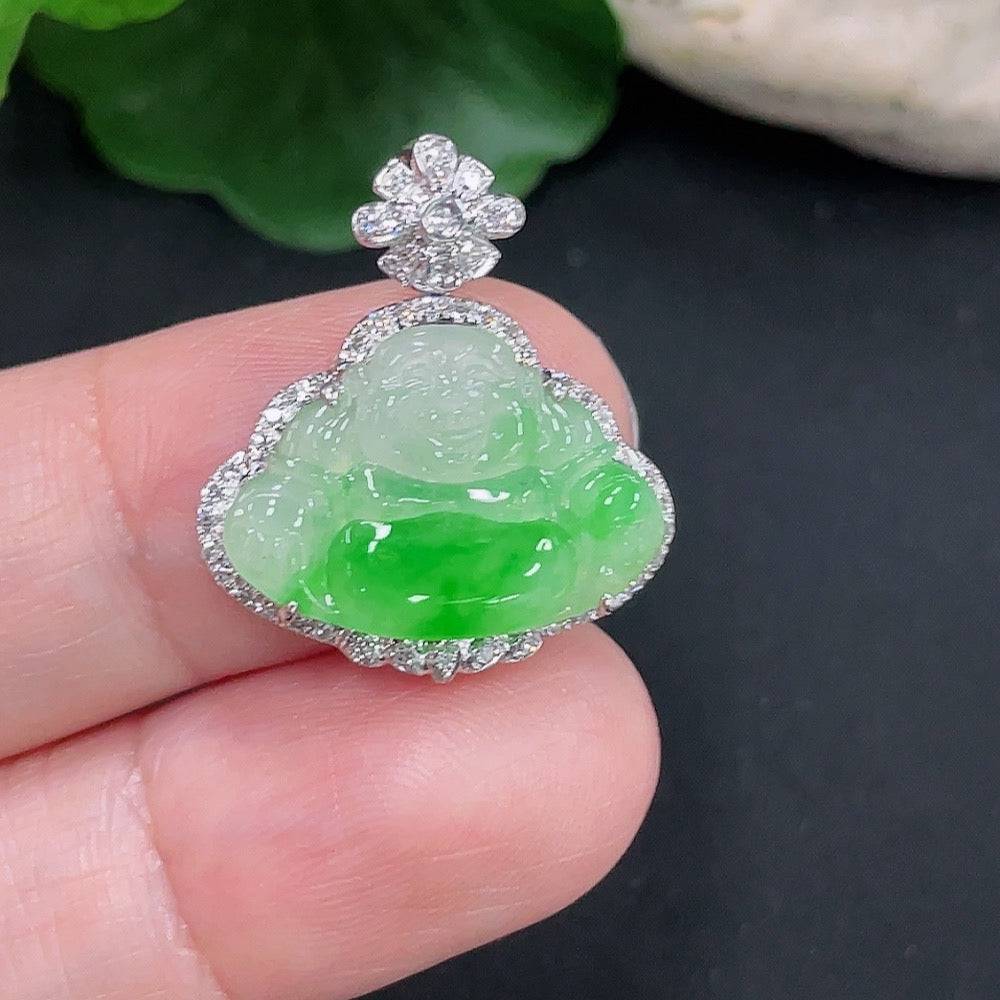 Jadeite Buddha pendant with 18K gold setting, diamond accents, weight 2.7g, from HUILIU HQ, shown on a white background.