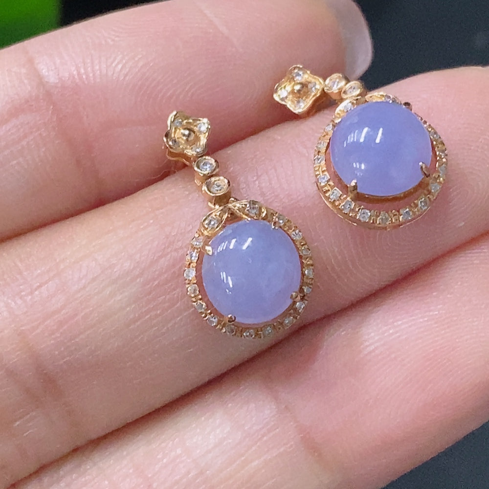 Jadeite cabochon stud earrings pair, no hallmark, surface gold content approximately Au 75%, accented with diamonds, total weight approximately 1.82g