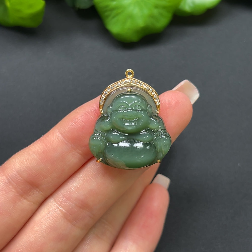 Hetian Jade Jasper Buddha Pendant with 70% Gold and Diamond Inlays