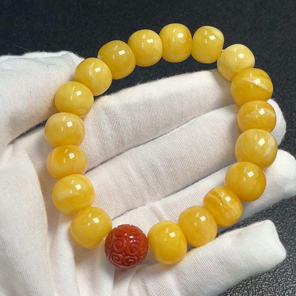 Amber Beeswax Bracelet with Southern Red Agate, ., Size About 12.7mm | Huiliu Certified
