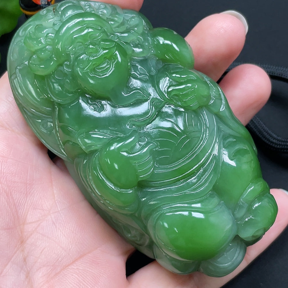 Hetian jade Buddha handheld piece with rope, weighing approximately 190.73g, from HKHQ, showcasing intricate jade craftsmanship.