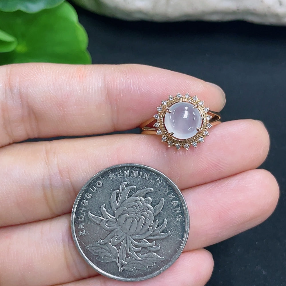 Jadeite cabochon ring with 18k gold and diamond accents, size 14, HKHQ jewelry, showcasing the smooth green jade gemstone.