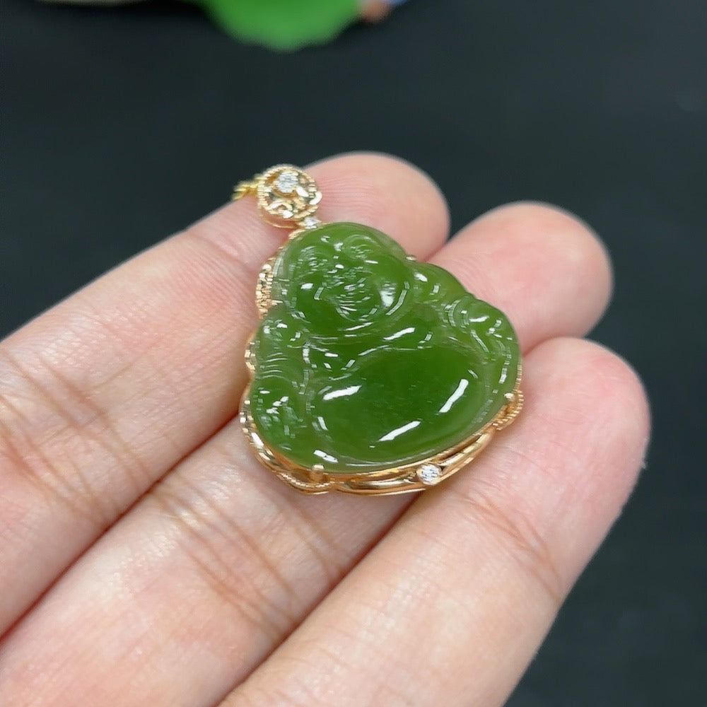 Hetian Jade Buddha pendant necklace with 18K gold setting, crafted by HKHQ, featuring a smooth jade Buddha figure.