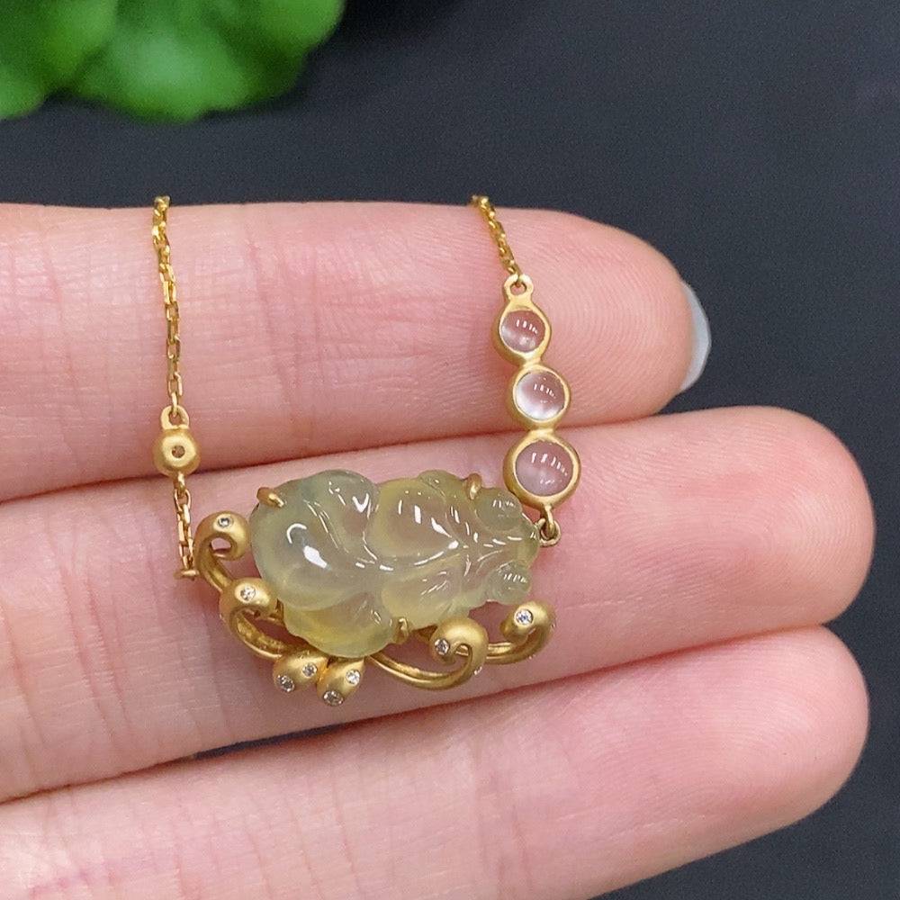 Huiliu Jadeite and Jade Full House Inlaid Pendant with diamond accents on chain, featuring intricate craftsmanship and vibrant green jade.
