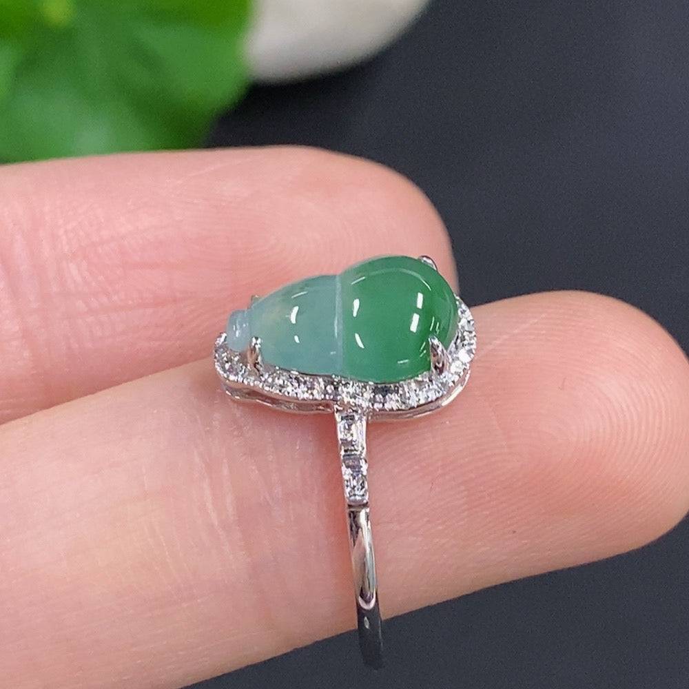 Jadeite gourd inlaid ring by HUILIU HQ with 18k gold, diamond accents, size 13, weighing approximately 2.09g.