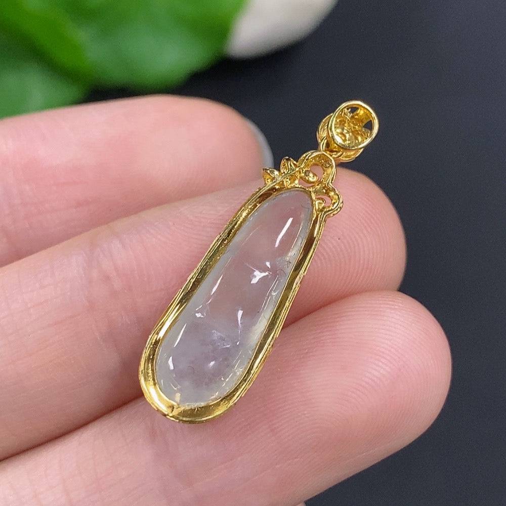 Huiliu Jadeite auspicious bean pendant set with diamond accents on chain, certified jade jewelry in elegant design.