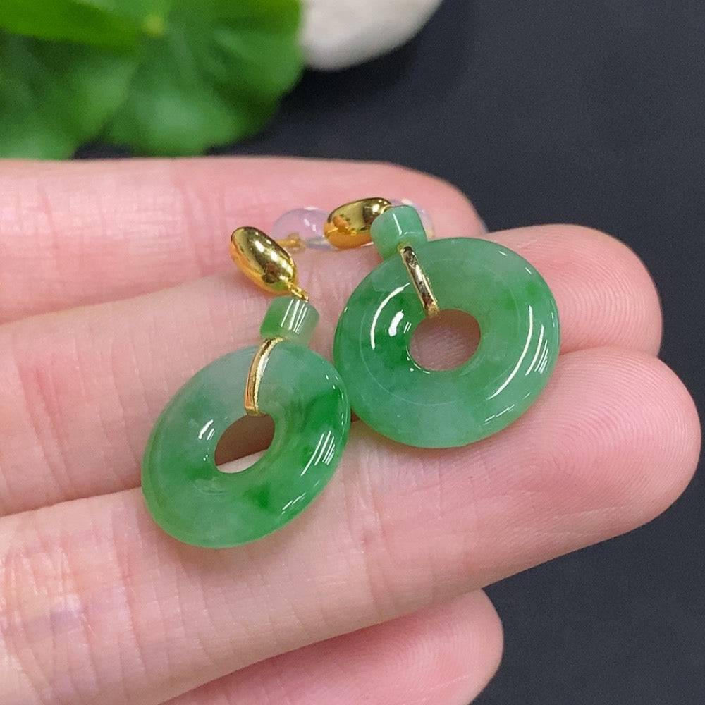 HUILIU HQ jadeite donut inlaid earrings with 18k gold, featuring smooth jade stones and gold detailing on a white background.
