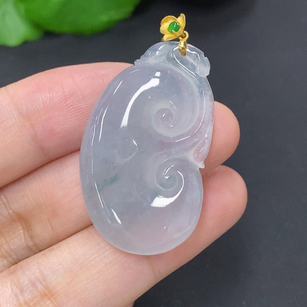 Jadeite Ruyi pendant with 18K gold clasp, elegant necklace featuring smooth green jade and gold accents.