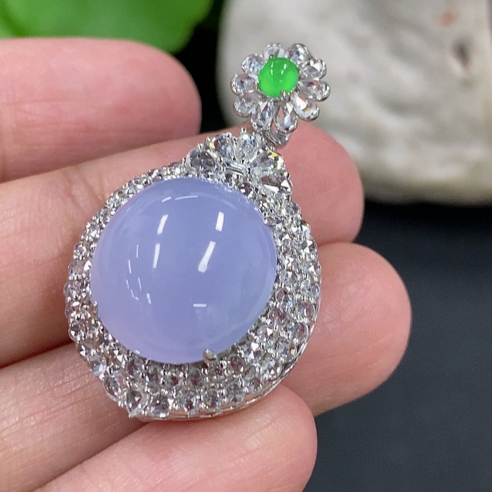 Jadeite cabochon pendant with 18K gold setting and diamond accents, elegant necklace by HKHQ.