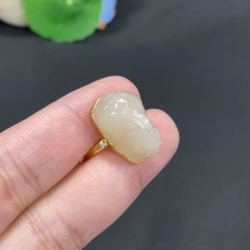 Hetian Jade Inlaid Auspicious Beast Ring Size 15 Total Weight Approx. 6g 18k Non-Diamond