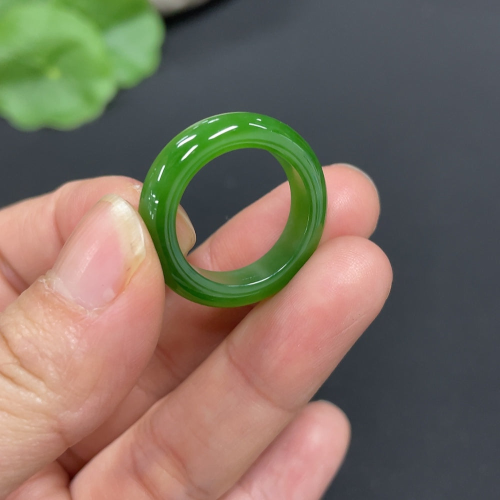 Hetian jade ring by HUILIU HQ, size 14, featuring smooth green jade with a polished finish, weighs approximately 3.5 grams.