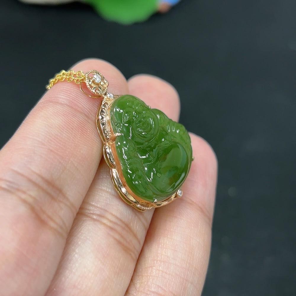Hetian Jade Buddha pendant necklace with 18K gold setting, elegant jewelry piece from HKHQ featuring smooth jade and intricate design.