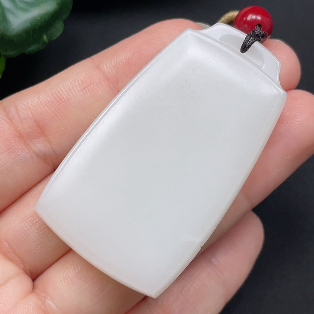 Hetian Jade plain pendant with rope necklace in natural jade, crafted by HKHQ, weighs 39.3g, showcasing smooth, polished jade.