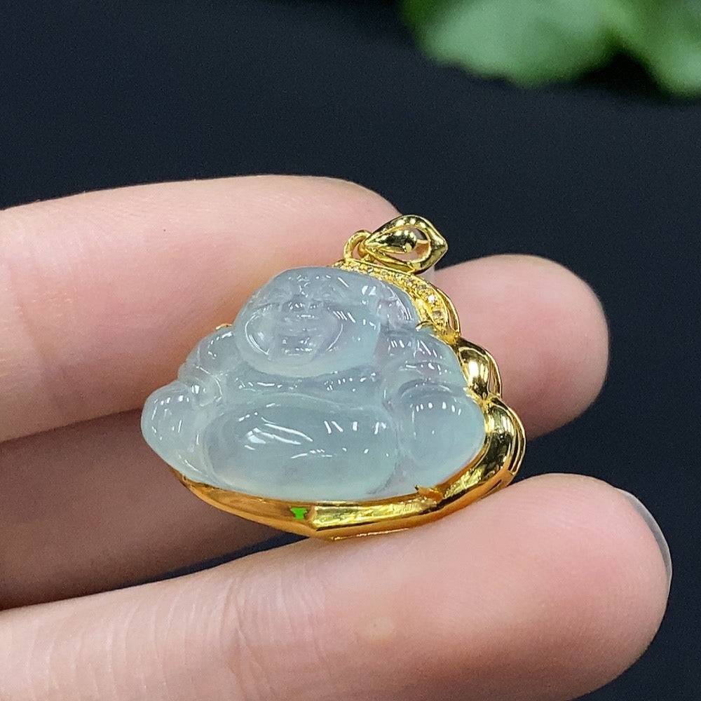 Huiliu Jadeite pendant featuring a Buddha design with inlaid diamonds, showcasing intricate craftsmanship and vibrant green jade.