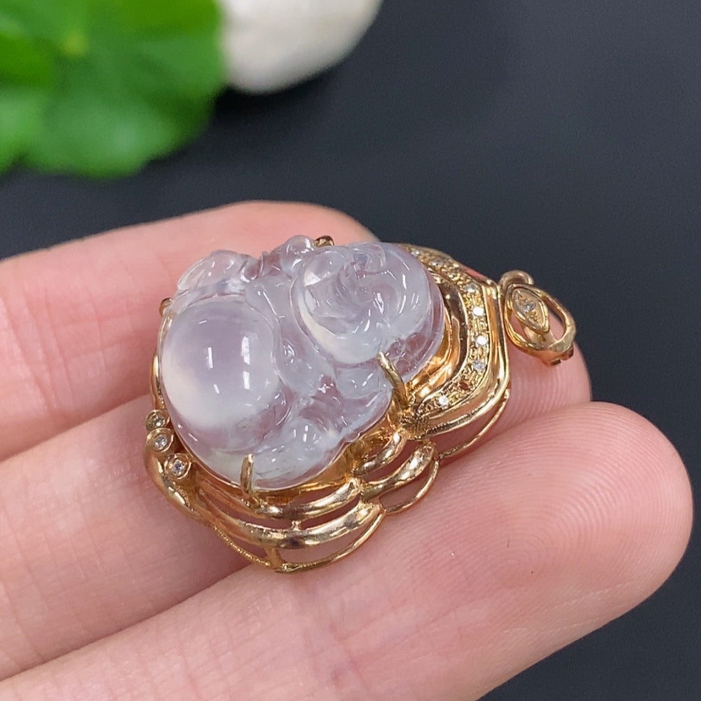 Jadeite Buddha Pendant with 18k Gold, Total Weight Approx. 4g, Diamond Accents
