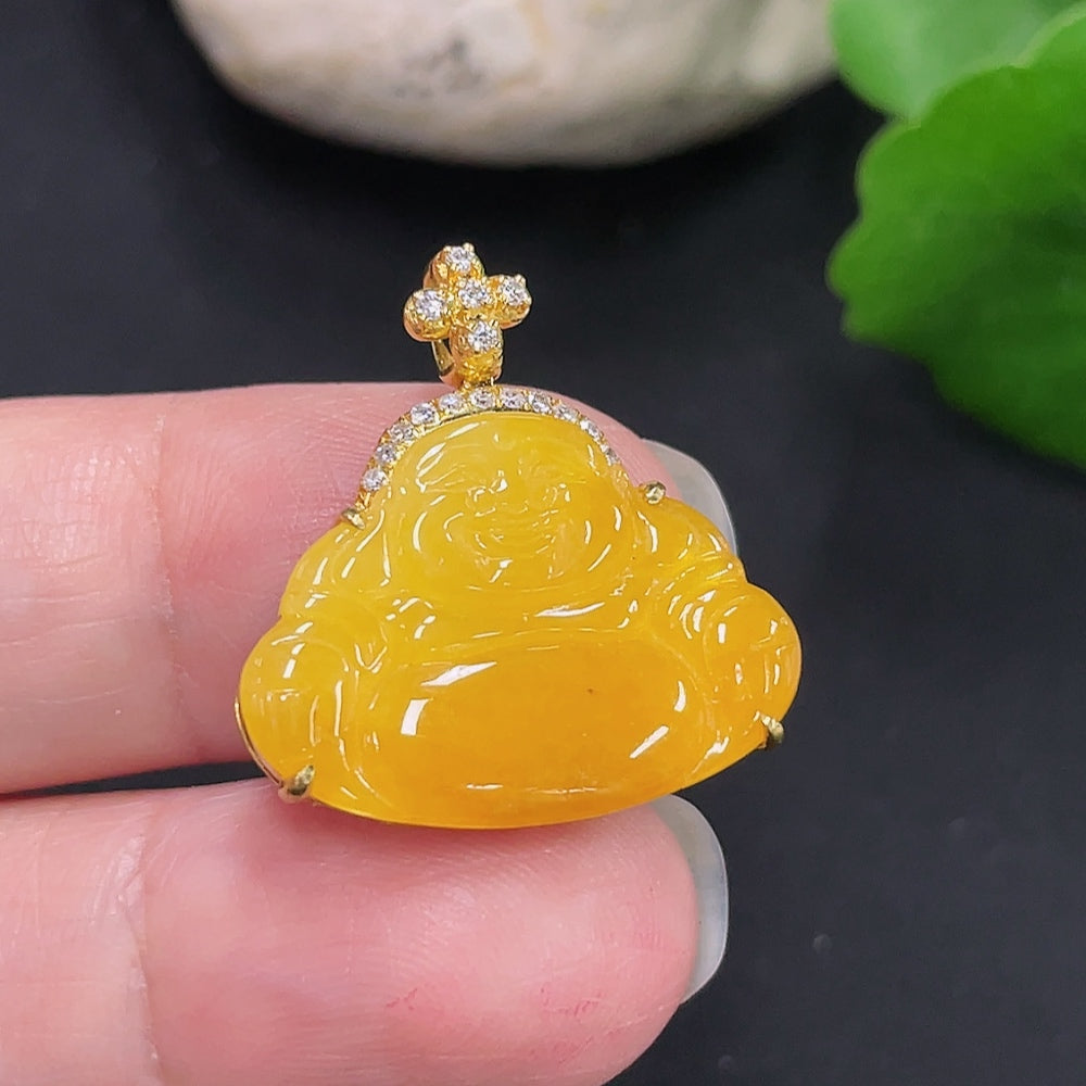 Jadeite Buddha Pendant Set in, . (with Diamond Accents) | Huiliu Certified