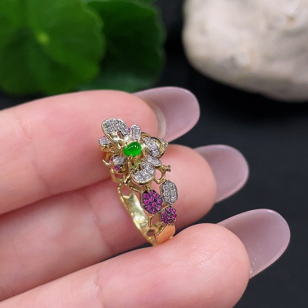 Jadeite Inlaid Ring Size 12 71% Gold Content Total Weight Approx. 2.4g (Inlaid with Colorless Diamonds)
