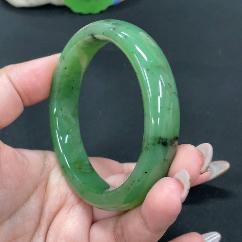 Huiliu certified Hetian jade round bracelet with smooth polished beads, showcasing natural green and white hues.