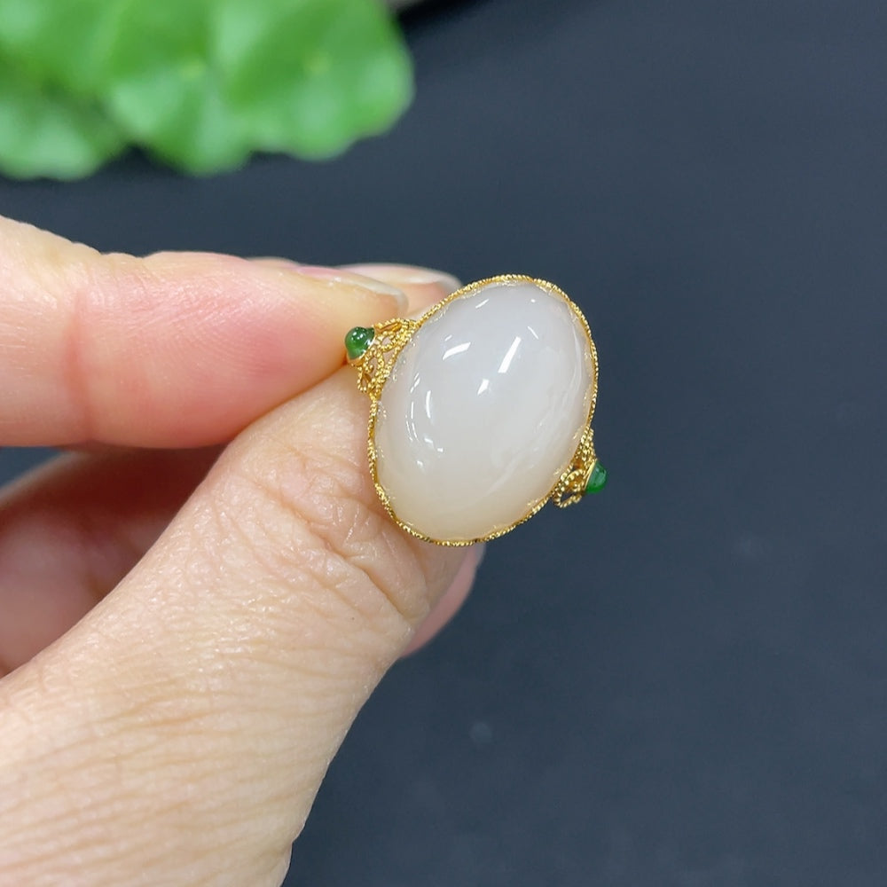 Hetian Jade Cabochon Inlaid Ring, 18k Gold, Size 15, Total Weight Approx. 3.3g